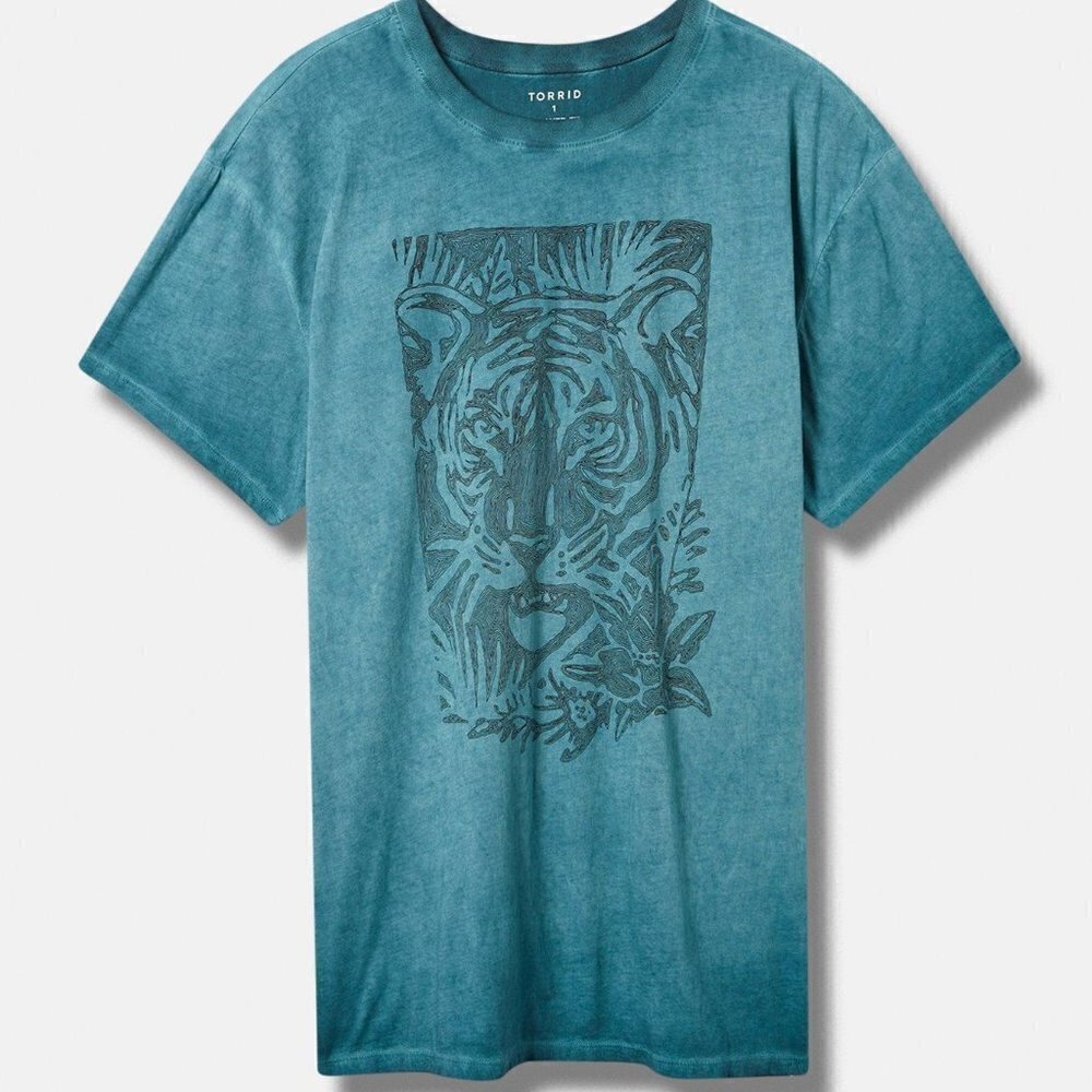 Torrid - Tiger Relaxed Fit Cotton Jersey Destructed Drop Shoulder Tunic in Teal - Picture 1 of 14